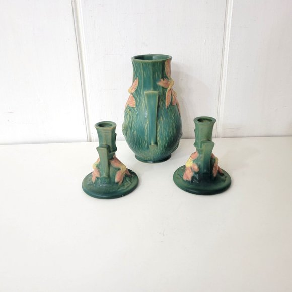 Roseville Clematis Pottery Candleholders and Vase - Picture 2 of 9